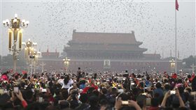 中共天安門城樓2019年中共將迎來建政70週年，作為中共各式慶典主席台的天安門城樓6月15日起也將封閉維修，至2019年4月底才會對外開放，當年5月底正式完工。圖為中國民眾2017年10月1日在北京天安門廣場觀看慶典。（中新社）中央社　107年6月12日