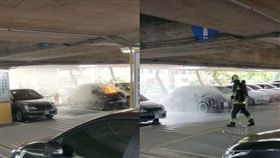 停車場內火燒車　女車主淡定眼看愛車GG（圖／翻攝自爆料公社
https://www.facebook.com/groups/451357468329757/permalink/1617364085062417/
停車場,火燒車,中山區,建國高架橋,台北市,滅火器,消防隊,金龜車,淡定