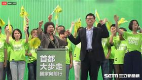 民進黨台北市長參選人姚文智找來陳菊一起站台，兩人牽手高喊凍蒜，掀起晚會高潮。（圖／擷取自直播畫面）