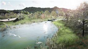 永春陂濕地公園二期動土　提供多樣生態永春陂濕地公園興建面積約3.9公頃，預計民國108年10月完工，將提供大面積的多樣化生物棲地，減緩降雨對都市排水系統的負荷，同時透過綠地生態營造，每年約可吸收57噸二氧化碳，減少都市熱島效應。圖為示意圖。（台北市工務局提供）中央社記者梁珮綺傳真　107年6月25日