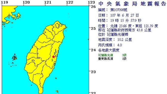 花蓮規模4.0地震　最大震度3級
