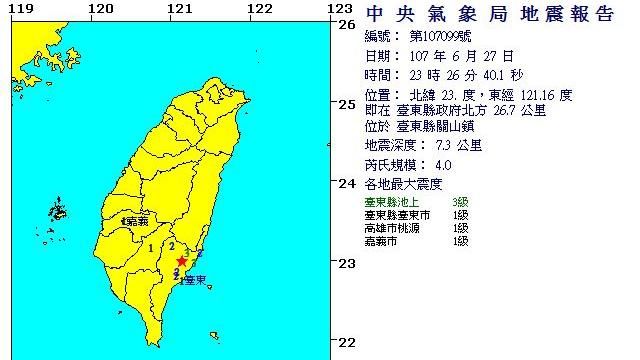 台東規模4.0地震　最大震度3級