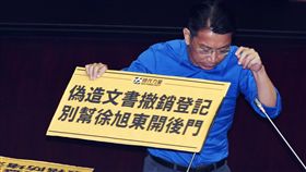 立院處理公司法修正案　徐永明籲審慎修法立法院朝野黨團29日協商公司法部分條文修正草案，達成共識後下午召開院會先進行廣泛討論，時代力量立委徐永明持看板上台發言，呼籲朝野立委審慎修法。中央社記者施宗暉攝　107年6月29日