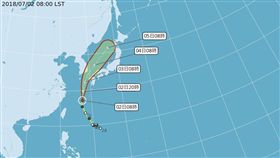 民國107年07月02日08時， 中度颱風 巴比侖 (編號第 07 號，國際命名 PRAPIROON)，中心位置位於北緯 27.20 度、東經 127.00 度，以每小時23公里速度，向北進行。颱風中心氣壓 970 百帕，近中心最大風速每秒 33 公尺，瞬間之最大陣風每秒 43 公尺，七級風半徑 120 公里，十級風半徑 50 公里。（圖／氣象局）