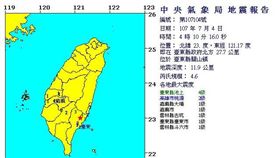 台東縣關山鎮今（4）日凌晨4點10分發生有感地震，根據中央氣象局地震報告指出，這起地震的震央位於台東縣政府北方27.7公里，芮氏規模4.6，震源深度11.9公里。（圖／翻攝自氣象局）
