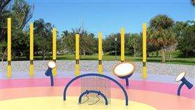 華中河濱公園闢建音樂遊具遊戲場台北市華中河濱公園將闢建以音樂為主題的共融式遊戲場，預計年底完工。圖為遊戲場內各式音樂遊具模擬示意圖。（台北市政府水利處提供）中央社記者陳妍君傳真　107年7月4日