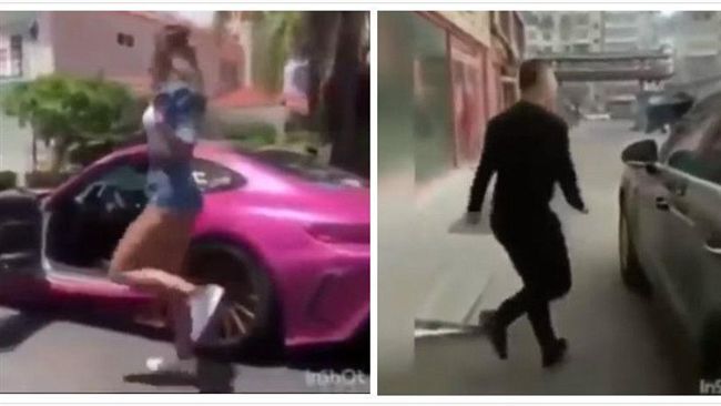 超傻眼！學車子與美女漫步，結果…