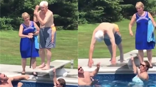 為鼓勵男孩　95歲阿公丟柺杖跳水