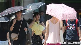 水氣少暖空氣移入　雙北上看37度（1）中央氣象局預報，31日水氣偏少，加上華中、華南地區暖空氣移入，全台炎熱，台北市、新北市及桃園市高溫上看攝氏37度，午後走在台北街頭的民眾紛紛撐傘遮擋陽光。中央社記者張新偉攝　107年7月31日