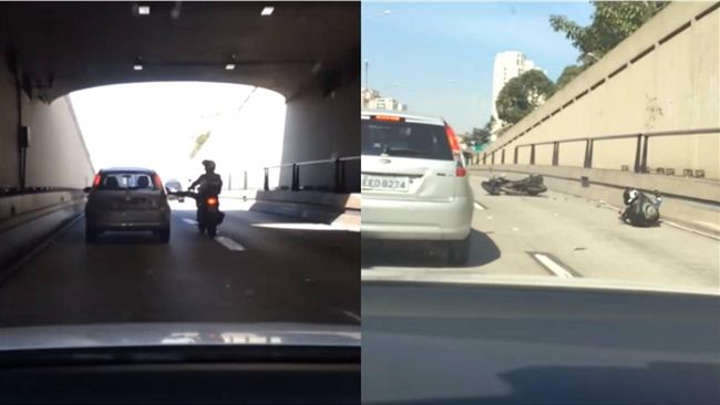 不爽汽車擋路　騎士耍狠踹車糗摔車！