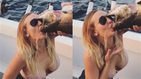 女用死魚嘴巴喝啤酒，遭網友批噁心。（圖／翻攝Daily Mail）