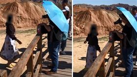 大陸甘肅張掖市的丹霞地質公園，因其與眾不同的岩石色彩而舉世聞名。但日前有一名大陸女遊客為了拍照，直接翻越欄杆踩在丹霞地貌上，工作人員上前勸阻還遭嗆「我都跟你說了馬上出來了，叫什麼叫」。對此，工作人員表示，一個遊客的腳印要60年才可能恢復原貌，但對於違規的遊客，目前景區無任何辦法處罰。（圖／翻攝自微博）