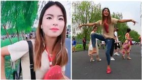 大陸女主播脖子上掛破拖鞋遊西湖（圖／翻攝自微博）