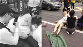 「長髮大捲女醫」穿白紗跳車跪地CPR 結婚路過救嬤：我該做的（圖／翻攝自微博）