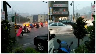 汐止逃不過淹水　騎士步行牽車不敢騎