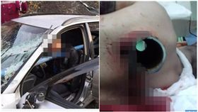 俄羅斯男子發生自撞車禍，一根鐵管穿刺胸口。（圖／翻攝自太陽報）