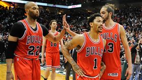Taj Gibson、Derrick Rose與Joakim Noah（圖／路透社／達志影像）