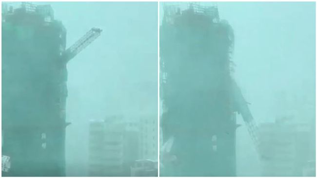 山竹襲港　起重機從數十層樓高被吹落