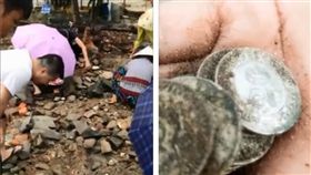 颱風「山竹」過境廣東汕尾海豐縣，卻在一處建築垃圾中吹出許多民國時期銀元，引發當地民眾群聚挖寶。不過在當地村委會介入下，這些銀元已經還給了當初隨地傾倒垃圾的銀元「主人」。（圖／翻攝自秒拍）