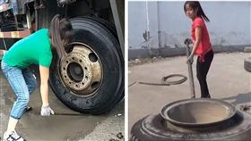 大陸山東淄博市一名27歲女子李鳳麗，她從事拆卸輪胎長達4年，有「輪胎妹」之稱。李女的材相當纖細，體重僅有52公斤，但她的力氣不輸男人，可以輕鬆的扒開80公斤的輪胎。不少網友看到後，紛紛直喊「帥翻了！」（圖／翻攝自微博）