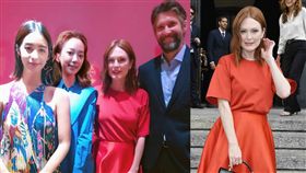 莫允雯（左起）、孟耿如與（坎城、柏林、威尼斯影展）的好萊塢影后茱莉安·摩爾夫婦合影。（組合圖／翻攝自臉書／Salvatore Ferragamo提供）