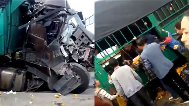 載滿橘子貨車出車禍！陸貪民「群搶」
