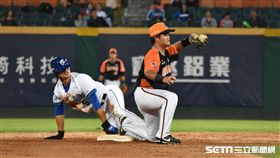 王正棠盜壘成功，游擊手楊家維觸殺不及。（圖／記者王怡翔攝影）