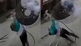 輪胎,補胎,湖北,大貨車,彈飛,爆炸,中國,大陸,　圖／翻攝自微博　