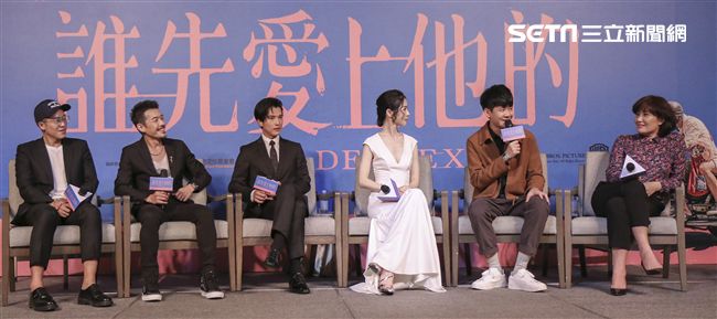 電影「誰先愛上他的」記者會，主持人黃子佼、導演徐譽庭、許智彥，男女主角邱澤、謝盈萱、陳如山、黃聖球。（記者林士傑/攝影）