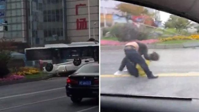 吵架自撞翻車了…他們決定下車改互毆