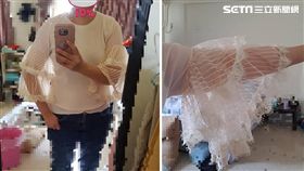  一名女網友日前收到老公送的白色上衣，可看到衣服的設計與版型別出心裁，袖子特地用蕾絲網紗設計，呈現出簡約又帶點氣質的風格，但女網友試穿後，完全無法駕馭。其他網友看到原po的試穿照片後，紛紛笑虧「樓主常跑海邊補魚嗎？先生可能希望妳抓魚方便點！」（圖／網友琬晴提供）