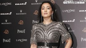 鞏俐穿著銀色花紋禮服，以黑腰帶搭配氣場強。（圖／記者邱榮吉、林士傑攝影）