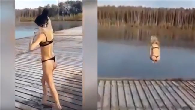 正妹美姿跳冰湖　下秒遭冰層彈飛GG