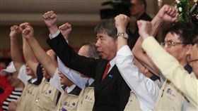 孫文學校國慶茶會　張亞中率領呼口號孫文學校9日在台北舉辦「和平奮鬥救台灣」國慶茶會，廣邀支持者與各界參與。總校長、台大政治系教授張亞中（中黑衣）帶領與會人士高呼口號。中央社記者鄭傑文攝　106年10月9日