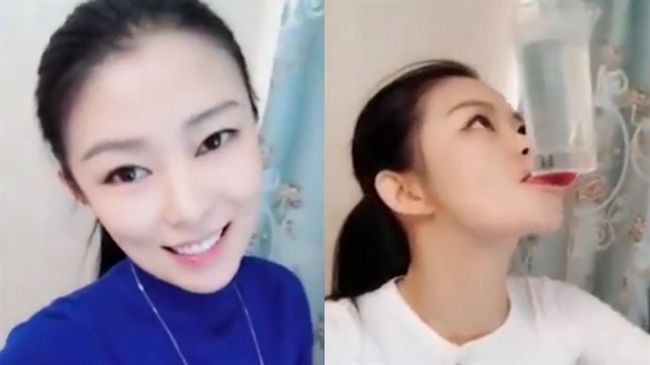 正妹表演長舌頂水杯　網：必須娶回家