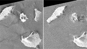 印尼「喀拉喀托之子」（Anak Krakatau）火山活動前後雷達圖。（圖／美聯社／達志影像）
