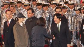 元旦府前升旗  蔡總統賴清德握手致意中華民國108年元旦總統府升旗典禮1日在總統府前凱達格蘭大道舉行，總統蔡英文（前中背對者）步下舞台後，與行政院長賴清德（前右）握手致意。中央社記者裴禛攝  108年1月1日