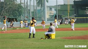 ▲陳江和拿教練棒打短滾地球。（圖／記者蕭保祥攝影）