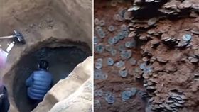 大陸河南許昌禹州市驚見「錢幣窖藏坑」！裡面有數不清的錢幣鑲在土裡，當地文化部門獲報後，立刻派人挖掘、整理，目前共出土超過4噸古錢幣。不少網友看到地窖裡滿滿的錢幣，紛紛直喊「好多！看了起雞皮疙瘩了」。（圖／翻攝自YouTube《Anecdote news》）