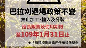 農藥巴拉刈存量仍多　延至109年2月起禁用行政院農委會動植物防疫檢疫局盤點市面上的「24%巴拉刈溶液」庫存量，發現還有約1年的用量，原訂108年2月起禁止分裝、販售及使用，決議延至109年2月1日起禁止販售及使用。（防檢局提供）中央社記者楊淑閔傳真　108年1月30日