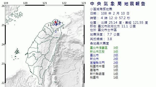 台北深夜04:12發生有感地震！