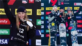 美國猶他州當地時間10日，舉行了自由式單板滑雪大賽，選手們不僅要在2個跳台上秀出360度的空中迴旋，落地還要比誰「穩」。這回來自紐西蘭的西拿特以91.75分的高分奪金，她可是去年平昌冬奧以16歲之姿，拿下奧運銅牌的雪地新秀。（圖／翻攝自@NZ_SportsTalk推特）