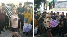 昨（14）日是西洋情人節，西門町出現一名「G奶辣妹」，她大方解開上衣鈕扣，胸部僅貼著胸貼，就與路人進行「Free Hug愛的抱抱」。消息曝光後，該名辣妹被起底，原來她是一名模特兒，因接拍的作品尺度相當大，在網路上小有名氣。（圖／翻攝自爆廢公社）