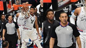 ▲『字母哥』雷霆萬鈞的灌籃，場邊裁判和暴龍隊羅利都看傻了。（圖／翻攝自NBA on TNT IG）