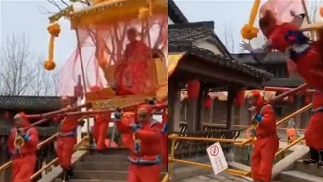 體驗陸婚禮坐轎　新娘慘從3m高重摔