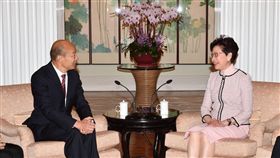 韓國瑜雙手緊握香港特首林鄭月娥，圖／香港政府新聞處