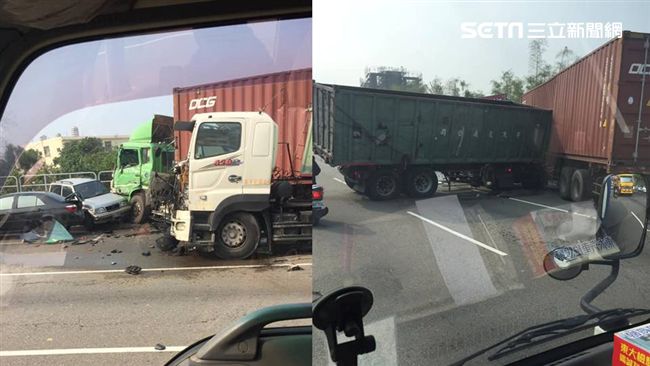 貨櫃車突暴衝對向　轎車慘變夾心餅乾
