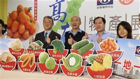 高雄物產特賣週　韓國瑜出席宣傳高雄市長韓國瑜（左2）19日與農業局長吳芳銘（右2）、全聯福利中心執行長謝健南（左）出席「全聯福利中心 高雄物產展推廣記者會」，合力推薦高雄市包括路竹青花菜、旗山絲瓜、美濃水蓮、燕巢芭樂等10款農特產品。中央社記者王淑芬攝　108年3月19日