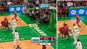 NBA例行賽進入尾聲！東區兩強波士頓塞爾提克、邁阿密熱火，今日正面交鋒，塞爾提克以110比105驚險奪勝，排名升至東區第4。而在比賽的過程中，一名大陸網友發現有球迷在加油標語上畫上「台灣國旗」，讓他崩潰喊：「太囂張！趕緊管管」。（圖／翻攝自虎撲）