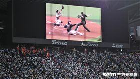 日本職棒重播輔助判決同時，無論是主或客場提出的挑戰，現場大螢幕即馬上進行重播，讓現場觀眾同時觀看重播判決。（資料照／記者王怡翔攝影）